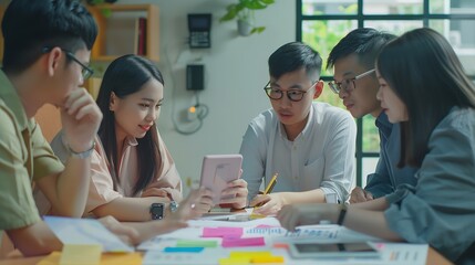 Aufkleber - Brainstorm planing creative asian teamwork Group of asia mobile phone app developer team meeting for ideas about screen display prototype smartphone layout ux startup small business : Generative AI