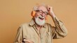 © Generative AI - Caucasian stylish senior man happy retired holiday maker wearing orange earphones and casual shirt smiling broadly moving to music listening to a cool soundtrack on isolated beige back : Generative AI