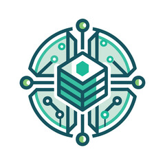 Fototapete - A minimalist logo with a green and white color scheme, featuring a hexagonal structure in the center, inspired by circuit board design, Create a minimalist logo inspired by circuit board patterns