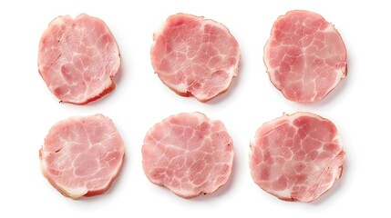 Aufkleber - round pieces of ham isolated on white background with clipping path five pieces of pork ham cut into slices laid out to create layout italian food : Generative AI