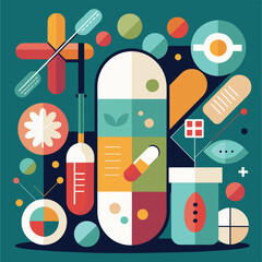 Poster - A poster displaying a variety of objects such as medication, laboratory equipment, and scientific tools, Create an artistic representation of pharmaceuticals in a minimalist style
