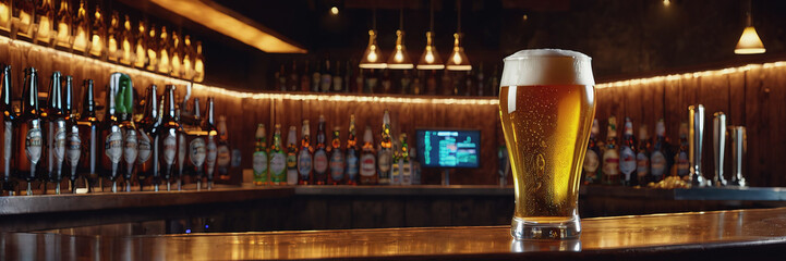 Wall Mural - Glass of beer on a bar counter in a pub or restaurant, Oktoberfest celebration, international beer day concept