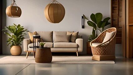 Poster - Modern Living Room With Rattan Furniture and Lush Plants Generative AI
