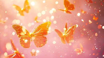Poster - Festive background made with gold tracery illuminating butterflies and with shiny confetti on pink Holiday concept Top view Template for your design : Generative AI