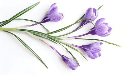 Poster - Crocus spring flowers Lilac crocuses on stem with leaves creative layout isolated on white background Springtime themes Top view flat lay Design element : Generative AI