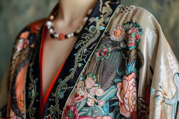 Wall Mural - Closeup of a stylish woman adorned with a colorful embroidered kimono and chic necklace