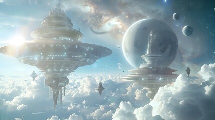 Wall Mural - Futuristic Venusian Metropolis A Visionary City Emanating Rhythmic Harmony in a Stellar Sky Generative ai