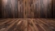 The image shows a dark wood plank wall and floor