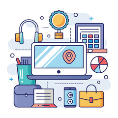Poster - A computer is surrounded by headphones and various tech accessories on a desk, Design a minimalist icon for a tech accessories e-commerce website