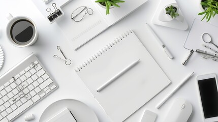 Poster - White office desk table with blank notebook computer keyboard and other office supplies Top view with copy space flat lay : Generative AI