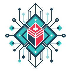 Poster - Stylized logo of a cube featuring a geometric design with abstract shapes, Design a minimalist logo featuring abstract shapes resembling electronic components