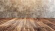 The image shows a rustic wooden floor with a concrete wall in the background,old room with wooden floor