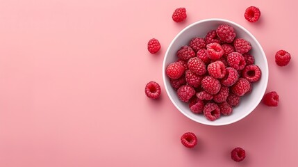 Poster - Fresh raspberries in white bowl on pastel pink background Flat lay top view copy space : Generative AI