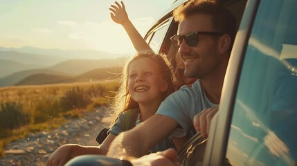 Wall Mural - Happy family travel by car People having fun in the mountains Father mother and child on summer vacation : Generative AI