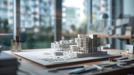 Poster - Empty office with building model and tools to design construction layout for urban project Nobody in architectural space with maquette and 3d real estate property plan Modern developme : Generative AI