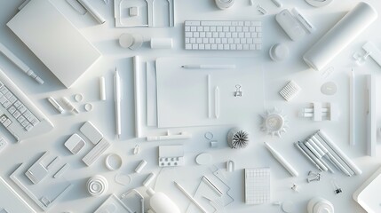 Leinwandbilder - White office desk table with a lot of things on it Top view with copy space : Generative AI