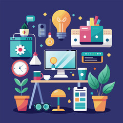 Poster - A desktop computer placed on top of a desk in a room, Design a minimalist representation of a collaborative technology workspace