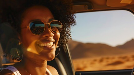 Wall Mural - Relax black woman on road trip happy with view of desert and transport in jeep or car on holiday in Cairo Travel adventure drive smile in summer vacation and explore freedom of nature  : Generative AI