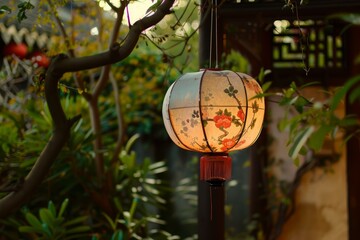 Poster - Elegant chinese lantern with floral patterns illuminated in a tranquil garden setting at dusk