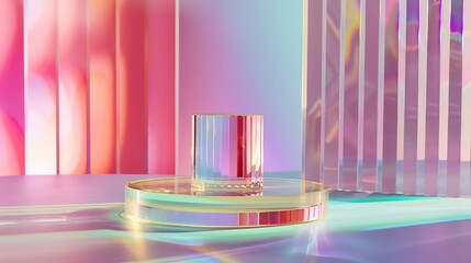 Poster - Bright colourful abstract background made by transparent and ribbed acrylic glass Empty showcase for makeup and cosmetics product commercial Podium for new package demonstration and ad : Generative AI
