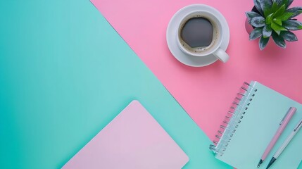 Aufkleber - Creative flat lay photo of workspace desk Top view office desk with mock up notebooks plant coffee cup and copy space on pastel color background Top view with copy space flat lay photo : Generative AI