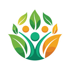 Poster - Logo design with green leaves and human figures intertwined in a minimalist style, Develop a minimalist logo that represents the harmony between humans and nature
