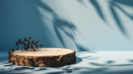 Aufkleber - Abstract empty Wood slice podium with leaves shadows on blue background Mock up stand for product presentation Minimal concept Advertising template : Generative AI