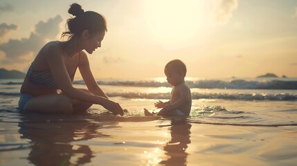 Wall Mural - Mother and her baby son playing on the beach during summer vacation : Generative AI