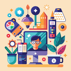Poster - A person on a computer screen having a video call, communicating virtually with another individual, Develop a visual identity that reflects the versatility and creativity of a design studio