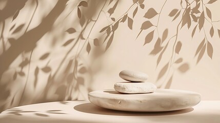 Aufkleber - Abstract minimal nature scene  empty stage and composition of stones on beige background and soft shadows of tree leaves Pedestal for cosmetic product and packaging mockups display pre : Generative AI