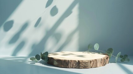 Poster - Abstract empty Wood slice podium with eucalyptus leaves and shadows on blue background Mock up stand for product presentation 3D Render Minimal concept Advertising template : Generative AI