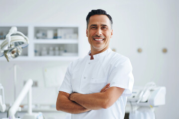 Wall Mural - With a serene white clinic background, a commercial photo highlights a male surgeon's smile and confidence as he stands in his white uniform, representing the expertise and compass