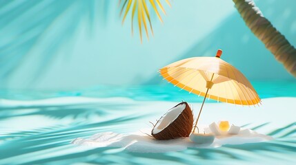 Aufkleber - Tropical beach concept made of coconut fruit and sun umbrella Creative minimal summer idea : Generative AI
