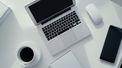 Leinwandbilder - Modern white office desk table with laptop computer smartphone with black screen over a notebook and cup of coffee Top view with copy space flat lay : Generative AI