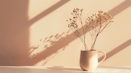 Poster - Creative composition of white vase with dry flowers and cup of coffee on brown and pastel beige background An original background image with a play of light and shadow Minimal concept : Generative AI