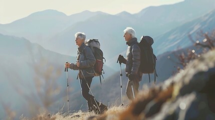 Active senior Caucasian couple hiking in mountains with backpacks and hiking poles enjoying their adventure : Generative AI