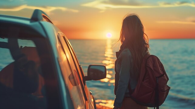 Young happy woman traveler enjoying the sunset at the sea while standing next to the car Summer holidays and travel concept : Generative AI