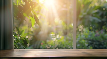 Poster - selective focusEmpty of wood table top on blur of curtain window and abstract green from garden with sunlight For montage product display or design key visual layout : Generative AI