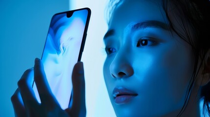 Poster - Isolated mobile phone with sample photo of beautiful female model shown on screen : Generative AI