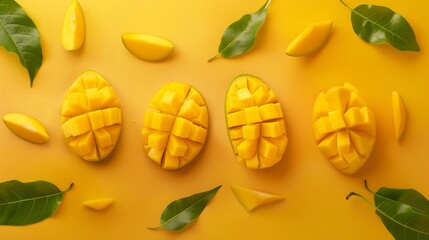 Poster - Creative layout made of mango Flat lay Food concept Macro concept Yellow background : Generative AI