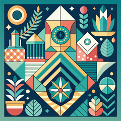 Poster - The book cover features a vibrant and colorful design with geometric patterns and clean lines, Geometric patterns and clean lines for a contemporary wedding invitation