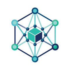 Poster - A cube is surrounded by interconnected circles and dots representing network connectivity, Geometric shapes representing network connectivity, minimalist logo