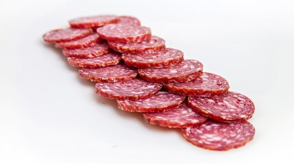 Aufkleber - salami sausage slices isolated on white background pieces of sliced salami sausage laid out to create layout : Generative AI