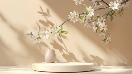 Aufkleber - Geometric podium platform stand for product presentation and spring flowering tree branch with white flowers on pastel beige background Front view : Generative AI