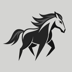 Poster - Illustration of a horse logo in black and white on a gray background, Graceful equine form in grayscale, minimalist logo