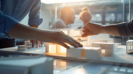 Poster - Creative people hands and real estate with 3d model of building design architecture or property at office Closeup of group architect team in meeting project planning or floor layout at : Generative AI
