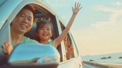 Wall Mural - Happy family day Asian Dad mom and daughter little kid smiling sitting in compact car windows raise hand wave goodbye Summer at beach Car insurance Family holiday vacation travel road  : Generative AI