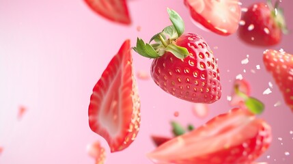 Aufkleber - Summer fruit composition made with strawberry sliced in half and flying against pastel pink background Creative food concept Healthy vegetarian diet banner : Generative AI
