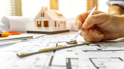 Aufkleber - business architecture building construction and people concept  close up of architect hands with compass measuring living house blueprint : Generative AI