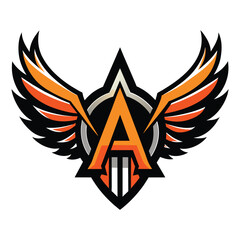 Poster - A logo featuring an orange and black design with wings, Initial letter A logo and wings symbol